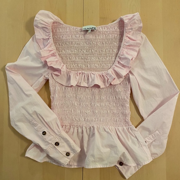 Ganni pink square neck blouse with ruffles sz 32 - Picture 1 of 5
